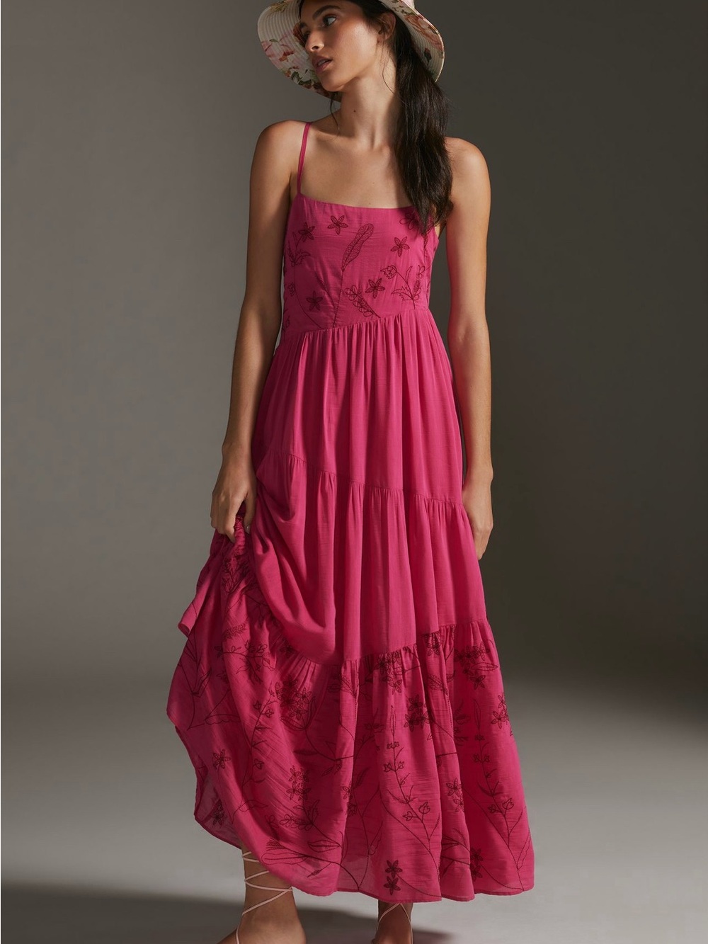 Anthropologie Fuchsia Embroidered Tiered Maxi Dress